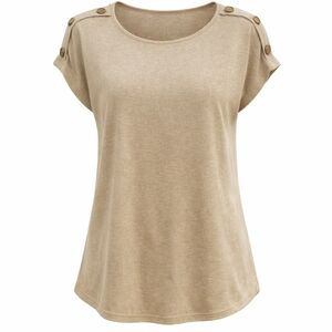 NWT Tan Button Shoulder Top Medium | Casual Loose Fit Short Sleeve Blouse Boho